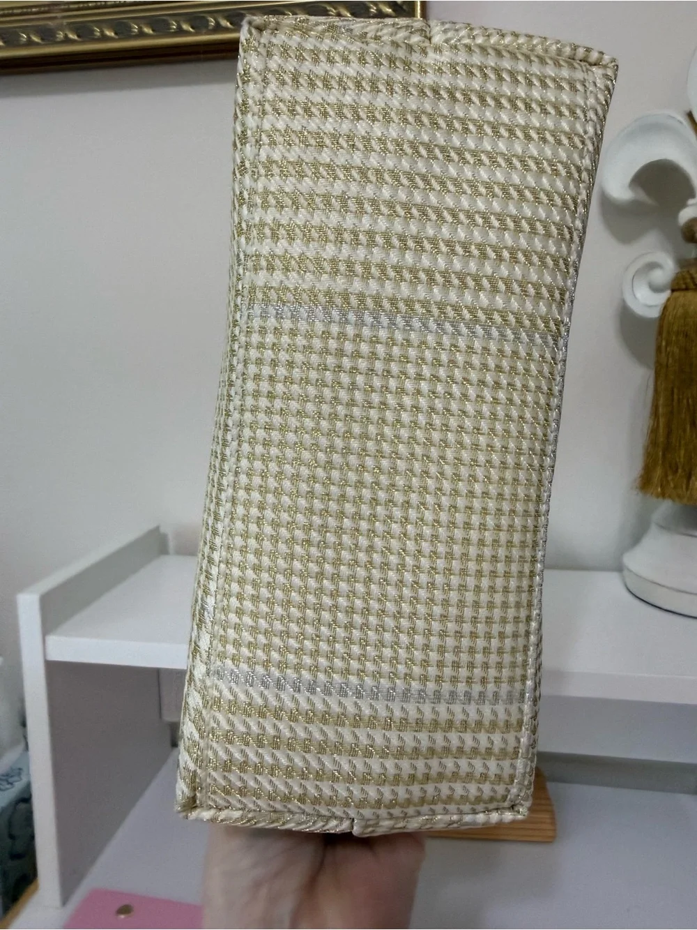 Vintage Ralph Lauren  Cream and gold Houndstooth Shoulder Bag with Gold Trim.